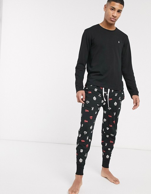 Polo Ralph Lauren set in black long sleeve t-shirt and jogger with all over crest logo