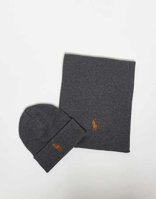Polo Ralph Lauren - Set met gebreide beanie en sjaal van katoen met icoonlogo in gemêleerd donkergrijs
