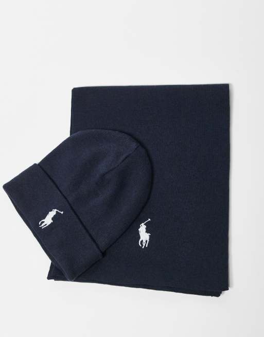 Polo Ralph Lauren - Set met gebreide beanie en sjaal van katoen met icoonlogo in gemêleerd marineblauw