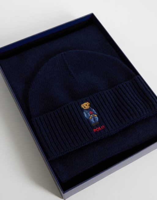 Polo Ralph Lauren set regalo con sciarpa e berretto con stampa orso blu navy, 2 di 3