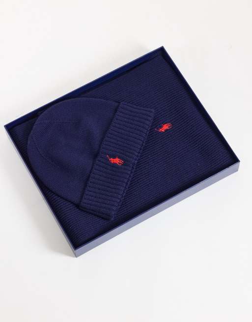 Polo Ralph Lauren set sciarpa e berretto con logo icon in blu navy, 3 di 3
