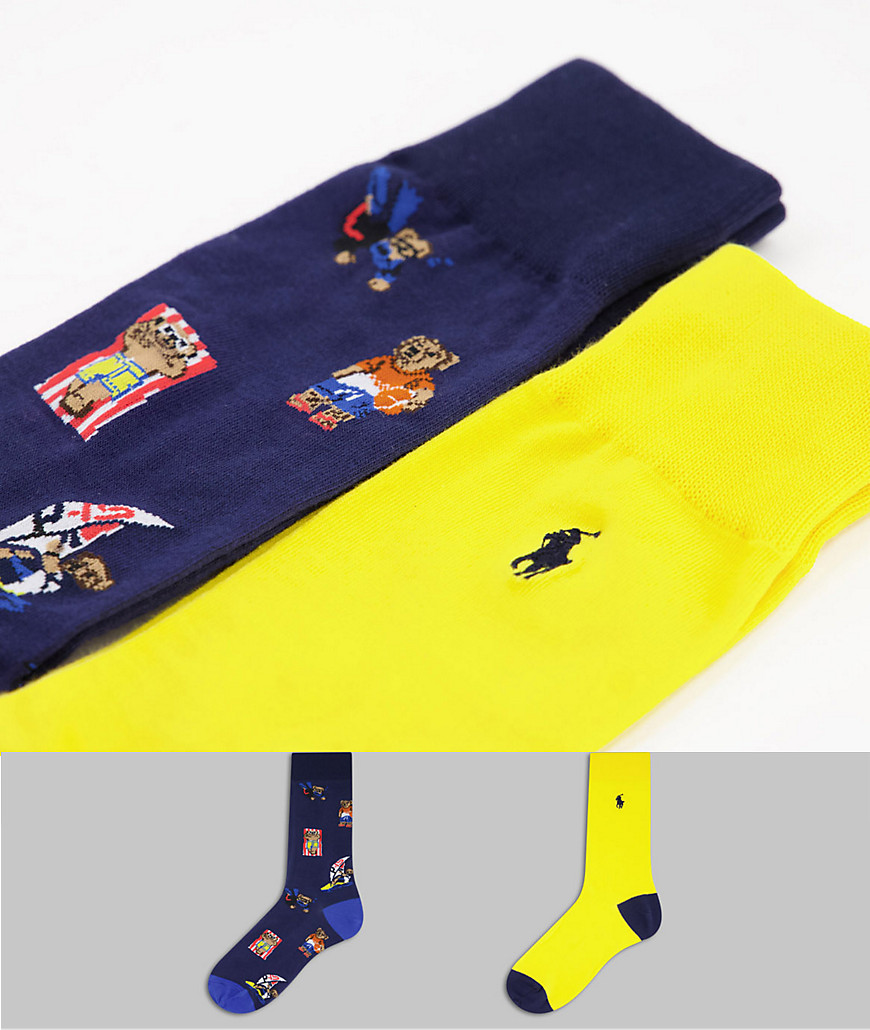 Polo Ralph Lauren - Set van 2 paar sokken in marineblauw en geel en bedekt met beertjes