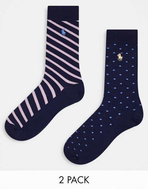 Polo Ralph Lauren - Set van 2 paar sokken in roze, marineblauwe strepen en stippen met ponylogo