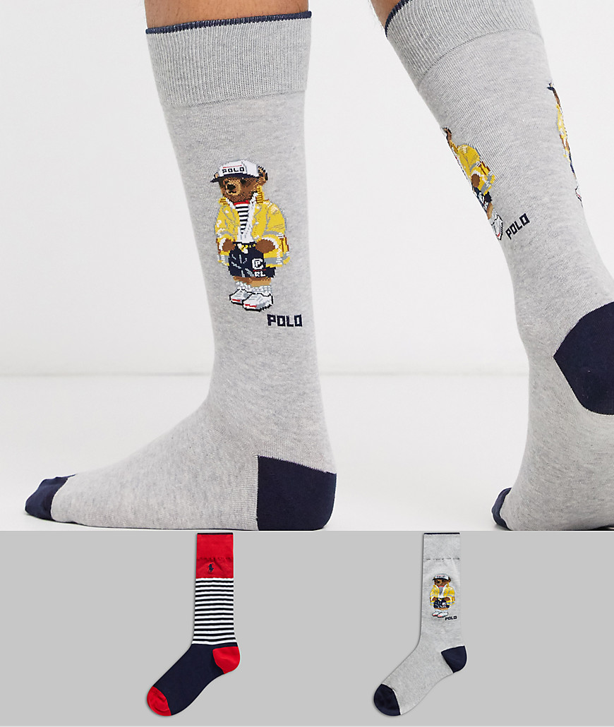 Polo Ralph Lauren - Set van 2 sokken met berenprint in marineblauw en rood-Grijs