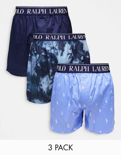 Polo Ralph Lauren - Set van 3 geweven boxershorts in blauw met ponyprint, donkerblauw en tie-dye met logo op de tailleband