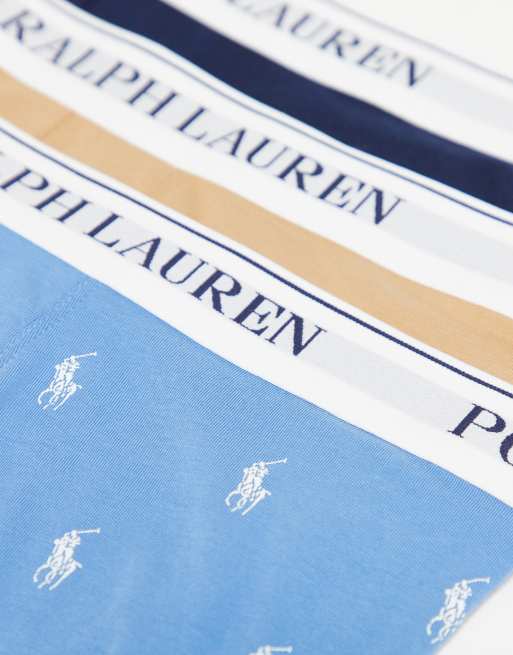 Polo Ralph Lauren - Set van 3 klassieke boxershorts met witte tailleband in effen- en bedekt met logo-uitvoeringen in gemêleerd blauw/lichtbruin/marineblauw