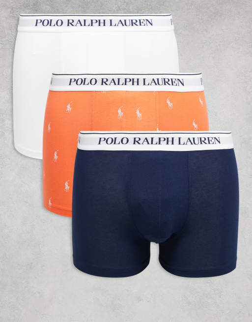 Polo Ralph Lauren - Set van 3 klassieke boxershorts met witte tailleband in effen- en bedekt met logo-uitvoeringen in oranje/wit/marineblauw