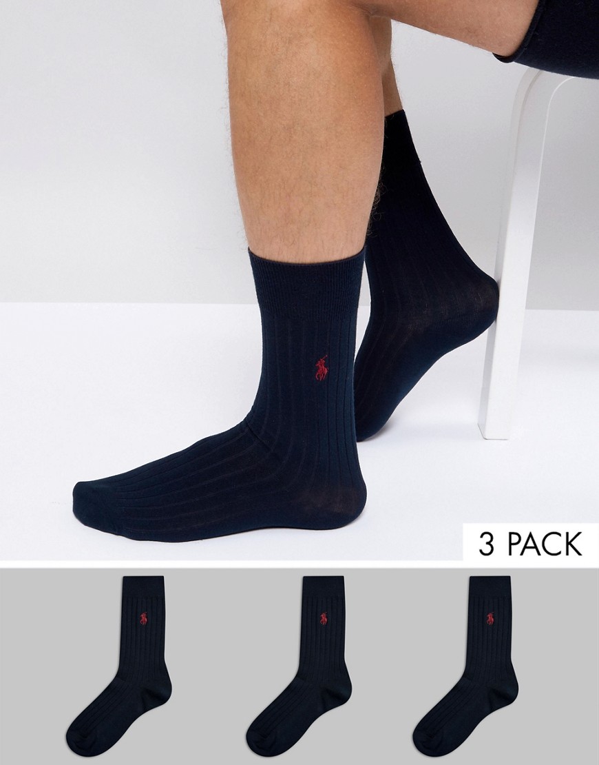 Polo Ralph Lauren - Set van 3 paar geribbelde sokken van Egyptisch katoen met spelerlogo in marineblauw