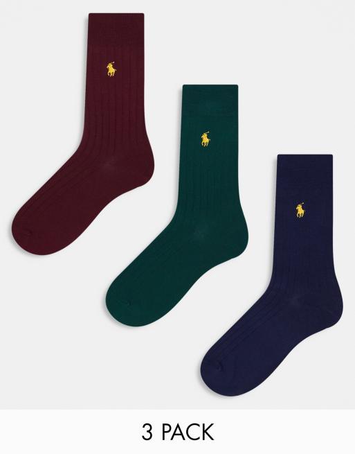 Polo Ralph Lauren - Set van 3 paar sokken van Egyptisch katoen in groen, bordeauxrood en marineblauw