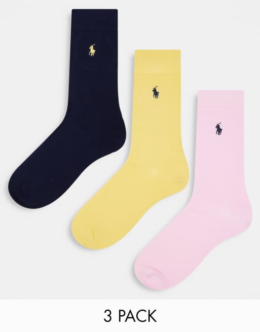 Polo Ralph Lauren - Set van 3 paar sokken van gemerceriseerd katoen in geel, marineblauw en roze met ponylogo