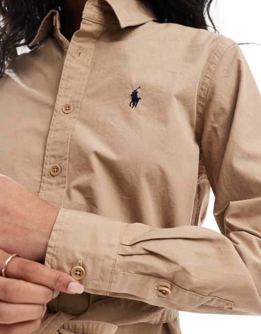 ralph lauren khaki shirt dress Polo Ralph Lauren shirt dress with logo in tan
