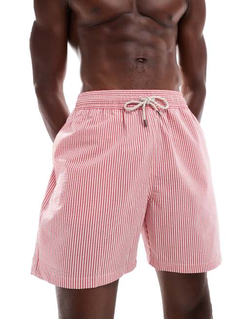 Polo Ralph Lauren Short de bain en crepon raye avec logo Rouge ASOS