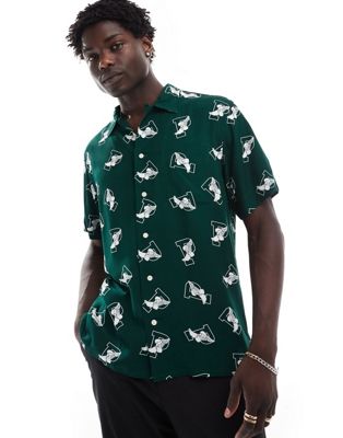 short sleeve all over P-wing logo print shirt classic oversized fit in green-Navy