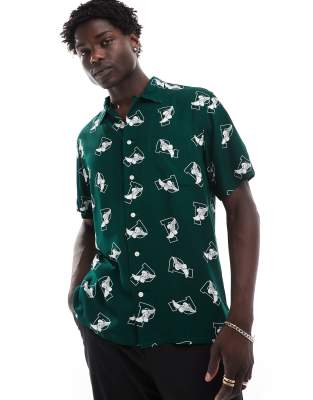 short sleeve all over P-wing logo print shirt classic oversized fit in green-Navy