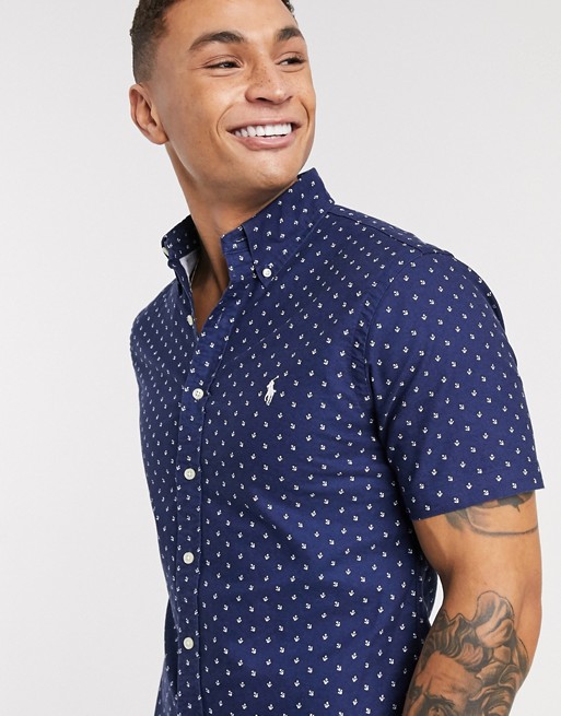Polo Ralph Lauren short sleeve anchor print oxford shirt slim fit multi player logo in navy