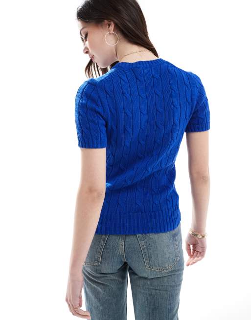 Polo Ralph Lauren short sleeve cable jumper in bright blue, 3 of 4