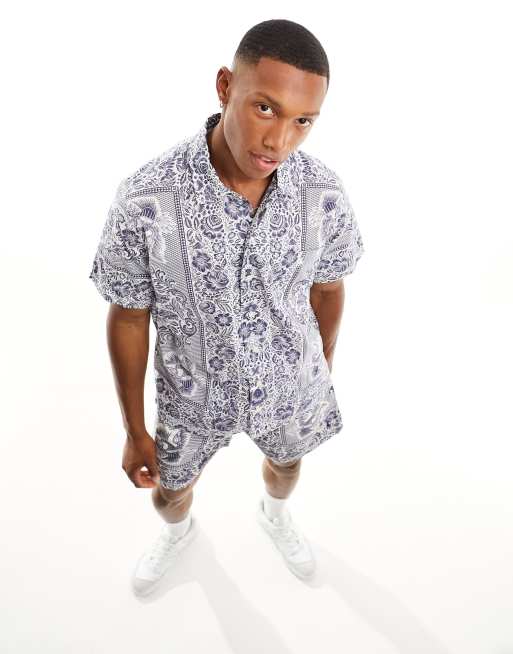 Short Sleeve Collared Bandana Print Shirt