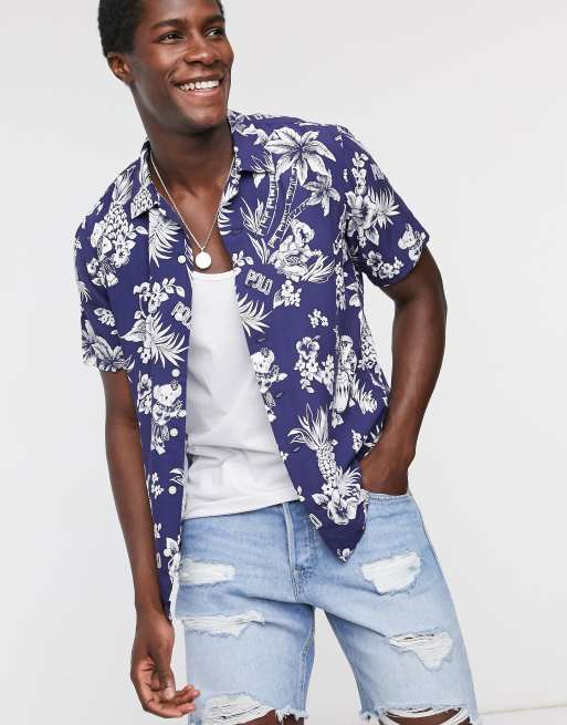 Polo Ralph Lauren short sleeve Hawaian bear print custom regular fit shirt  in navy | ASOS