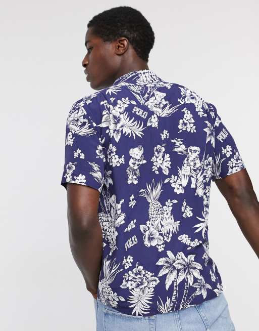 Polo Ralph Lauren short sleeve Hawaian bear print custom regular fit shirt  in navy | ASOS