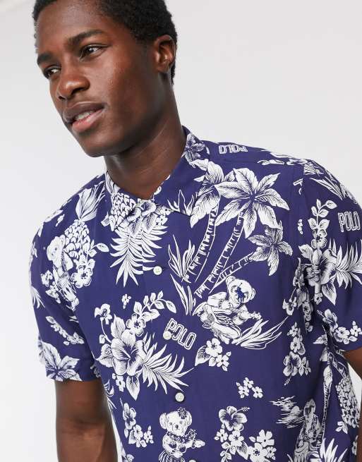 Polo Ralph Lauren short sleeve Hawaian bear print custom regular fit shirt  in navy | ASOS