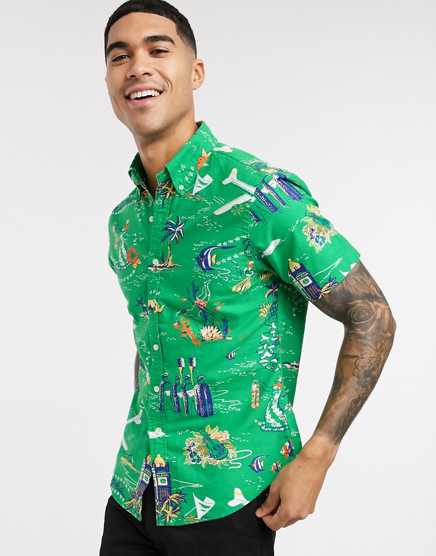 Polo Ralph Lauren short sleeve hawaiian print oxford shirt slim fit player logo in green