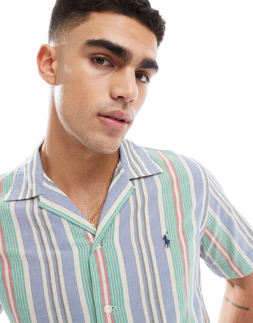 Polo Ralph Lauren short sleeve icon logo multi stripe shirt classic oversized fit in blue/green, 4 of 5