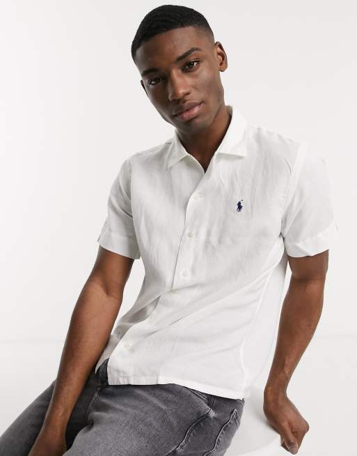 Polo Ralph Lauren short sleeve linen blend cuban revere collar shirt custom regular fit player logo in white