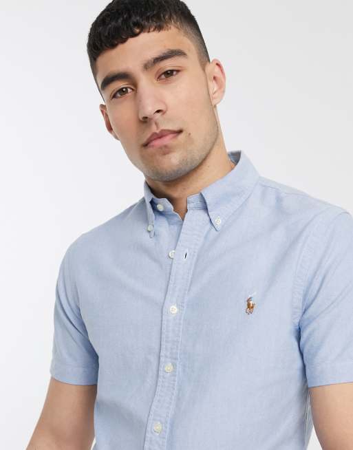 Polo Ralph Lauren short sleeve oxford shirt slim fit multi player logo in blue exclusive to ASOS