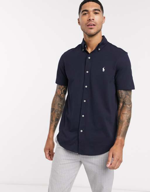 Polo ralph lauren slim fit pique shirt player logo button down in shop navy