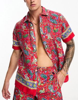 Polo Ralph Lauren short sleeve rever collar paisley border print linen shirt classic fit in red co-ord