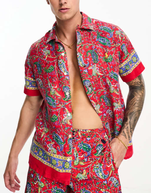 Polo Ralph Lauren short sleeve rever collar paisley border print linen shirt classic fit in red co ord