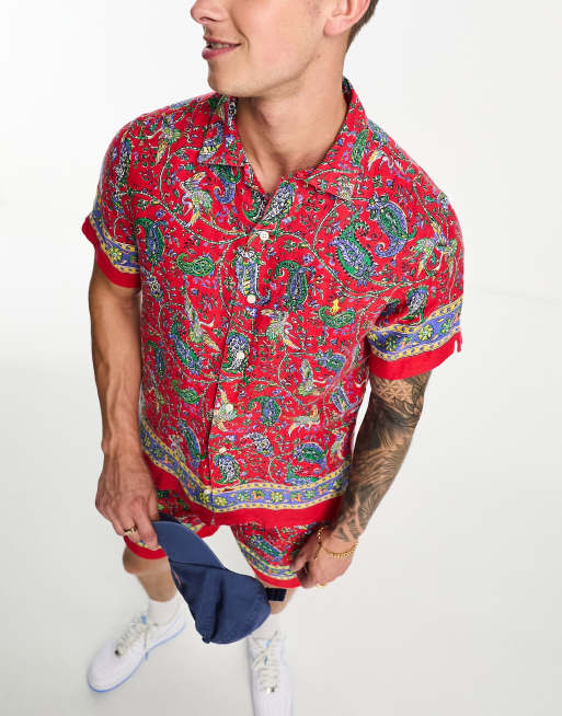 Polo Ralph Lauren short sleeve rever collar paisley border print linen  shirt classic fit in red co-ord