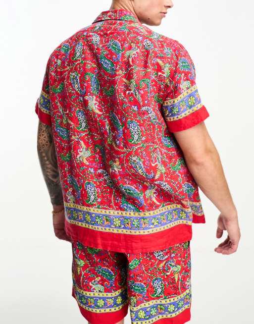 Polo Ralph Lauren short sleeve rever collar paisley border print linen  shirt classic fit in red co-ord