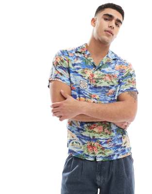 Polo Ralph Lauren Short Sleeve Revere Collar Surf Scenic Print Rayon Shirt Classic Fit In Multi