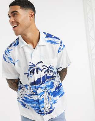 Polo Ralph Lauren short sleeve sailboat island print linen shirt cuban  revere collar in white | ASOS