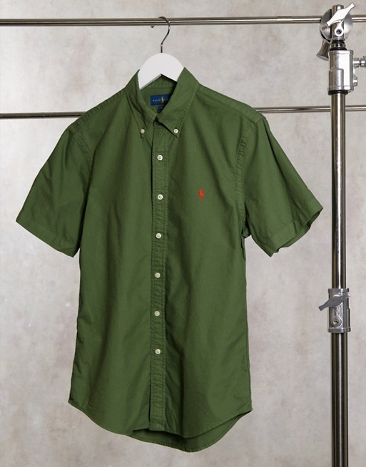 Polo Ralph Lauren short sleeve slim fit oxford shirt buttondown player logo in olive green