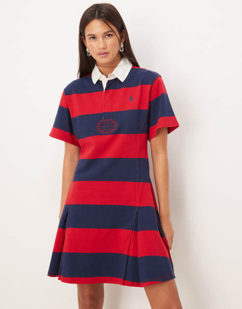 Polo Ralph Lauren short sleeve stripe collar dress in red and navy - view 1