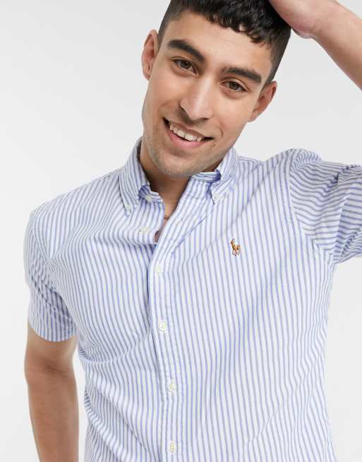 Polo Ralph Lauren short sleeve stripe oxford shirt slim fit multi player  logo in blue | ASOS