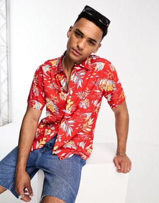 Polo Ralph Lauren short sleeve sun & surf print rayon shirt classic oversized fit in red - ASOS Price Checker