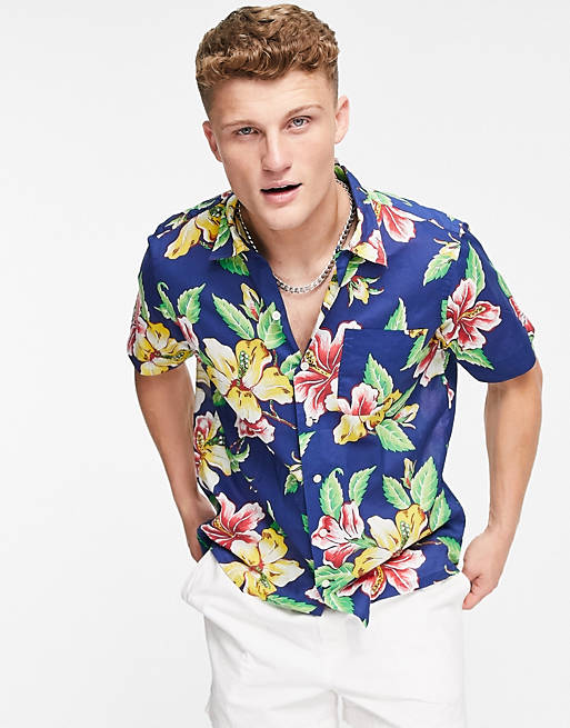 Polo Ralph Lauren short sleeve vintage hibiscus print shirt cuban revere collar in multi