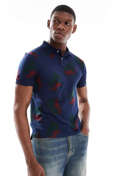 Polo Ralph Lauren sketched P-Wing toss all over print pique polo in navy - view 1
