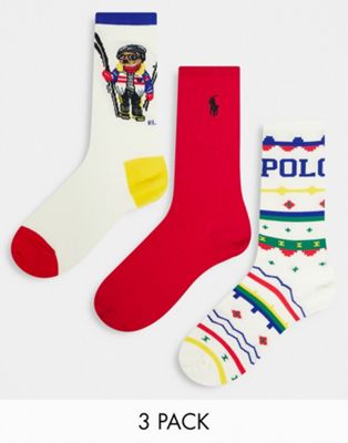 Polo Ralph Lauren ski bear crew socks 3 pack in multi