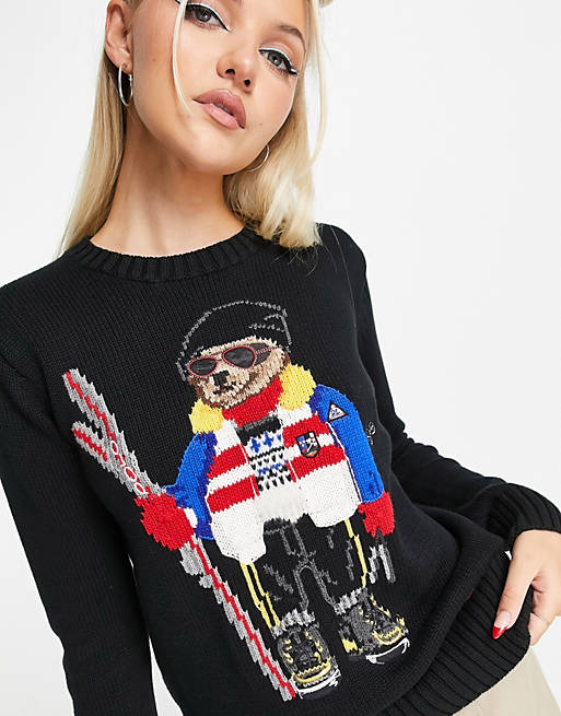 Morse kode sur Måske Polo Ralph Lauren ski bear knitted sweater in black | ASOS