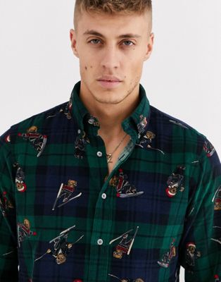 Polo Ralph Lauren – Skidåkning – Grön, björnmönstrad, rutig manchesterskjorta i regular fit med knappar