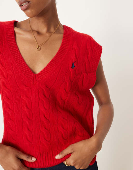 Polo Ralph Lauren sleeveless cable knit rich wool jumper in red, 3 of 4