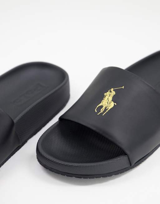 Polo Ralph Lauren slider in black with gold logo | ASOS