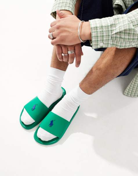 Polo Ralph Lauren – Slider in Grün mit Logo in Marineblau - view 1