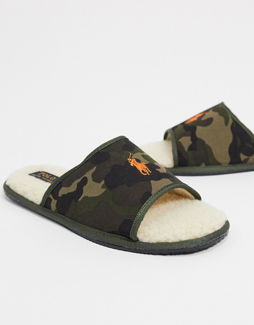Polo Ralph Lauren slider slippers in green camo | ASOS