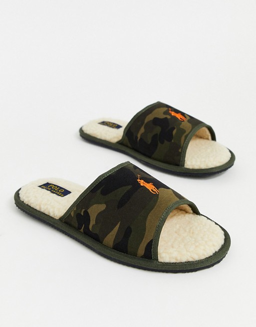 Polo Ralph Lauren slider slippers with red pony in green camo | ASOS