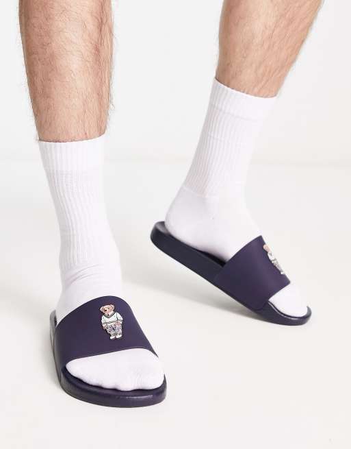 Polo Ralph Lauren sliders in navy with bear logo